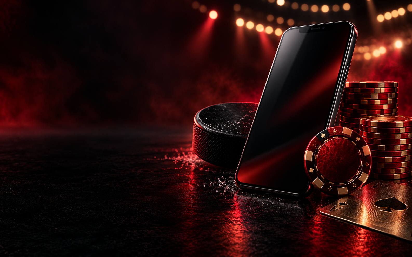 Casino chips, a hockey puck and a mobile phone under dramatic red lights